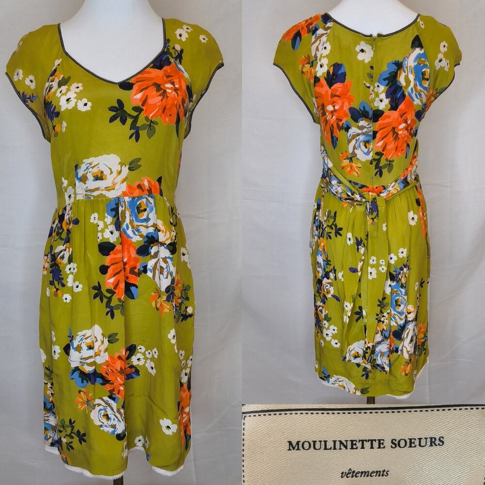 Anthropologie Moulinette Soeurs Dress Women's 6 100% Silk Green Floral #W5624